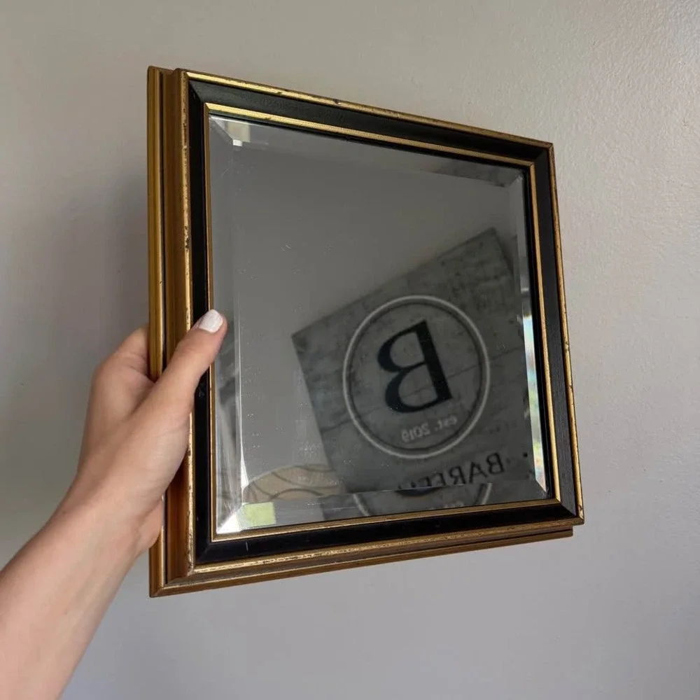 Vintage Square Beveled Wall Mirror Gold and Black Tiered Frame 12.5 Inch